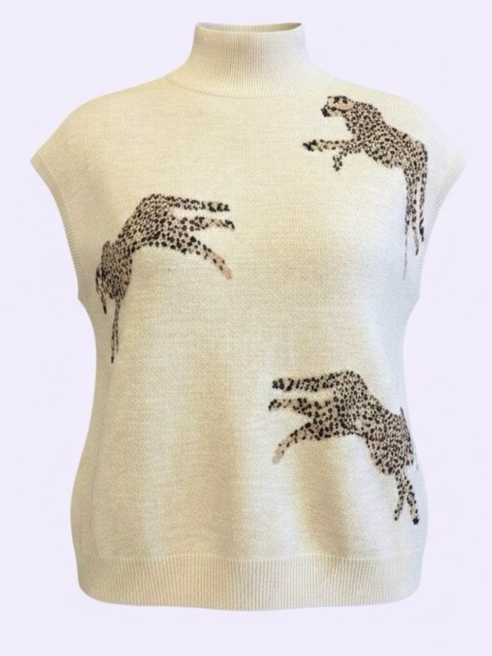 vestique Cream Sleeveless Knit Vest with Leopard Motifs